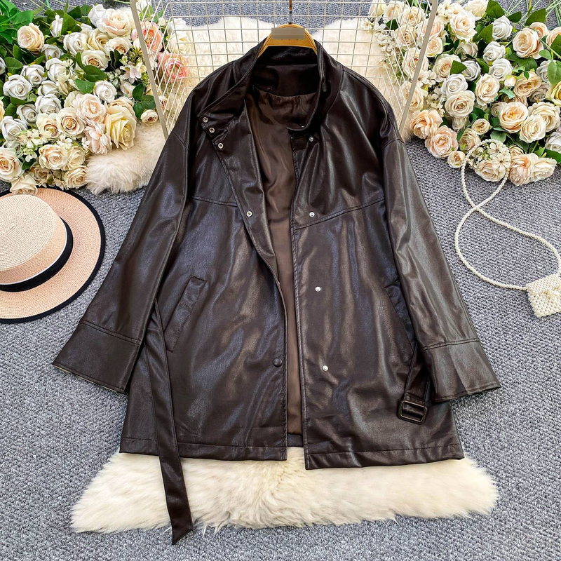 Trench da donna in similpelle color caffè con cintura in vita, vestibilità slim, manica lunga, lunghezza media, giacca invernale autunnale_voghion.com