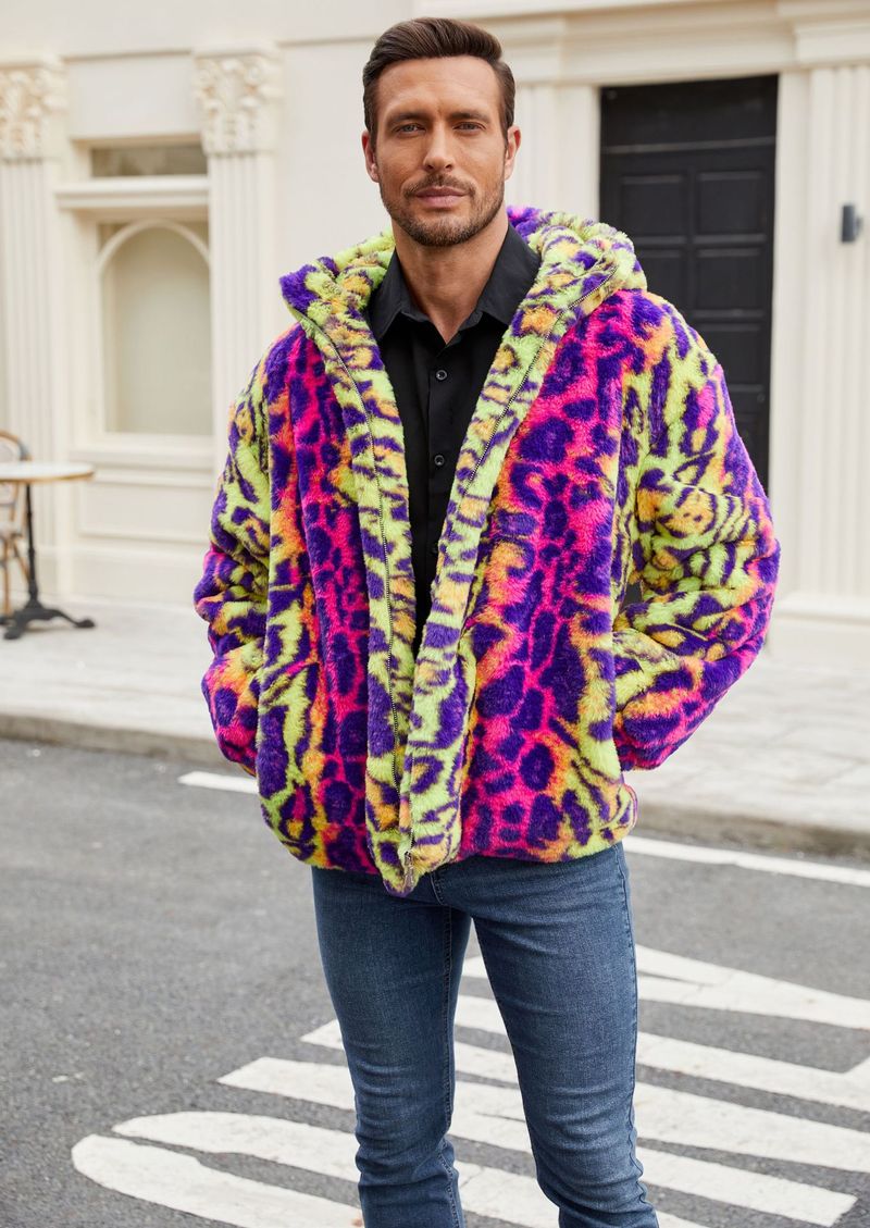 Giacca leopardata colorata in pelliccia sintetica più venduta da uomo nel 2025, giacca leopardata calda e spessa in peluche con colori a contrasto_voghion.com