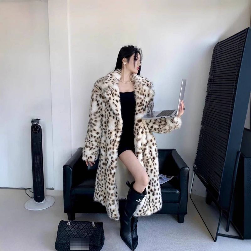 Women's Clothing Luxury Faux Fur Coat Women's Winter Long Leopard Print Jacket With Belt, Elegant Office Wear, Warm_voghion.com