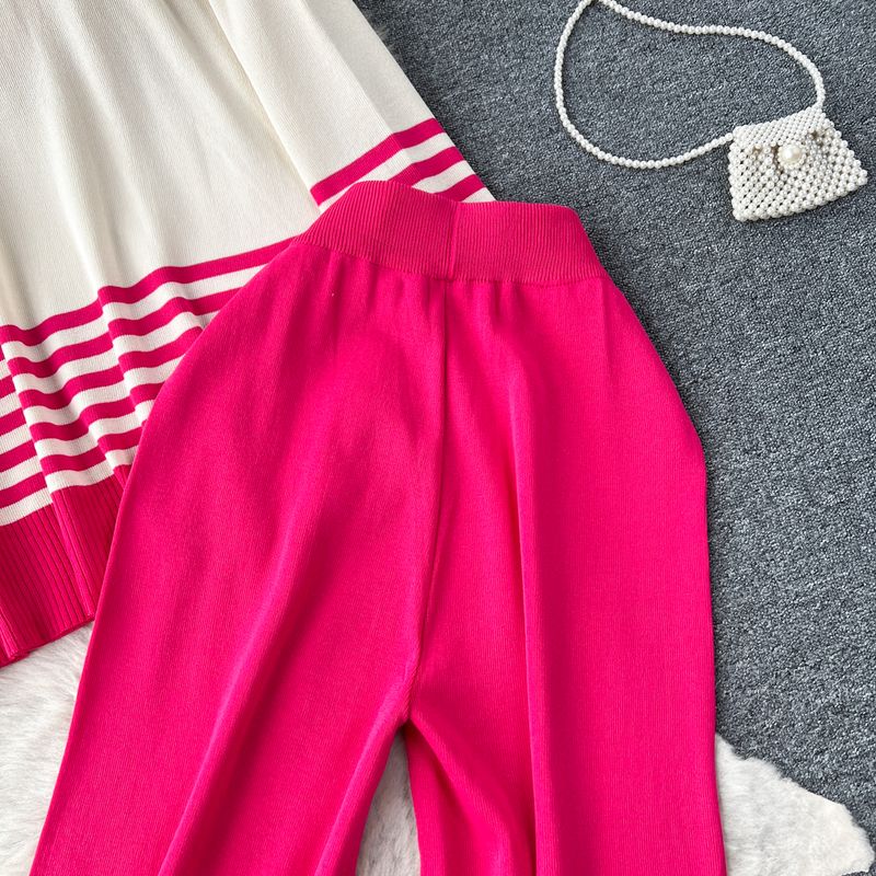 Damenbekleidung im Lazy Style, lockere, kontrastfarbene, gestreifte, langärmelige Strickoberteile für Damen, drapierte Hose mit hoher Taille, lässiger zweiteiliger Anzug für Damen_voghion.com