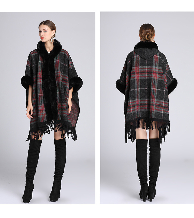 Femmes quand col de fourrure de renard manteau de laine moyen long tempérament cape cape manteau_voghion.com