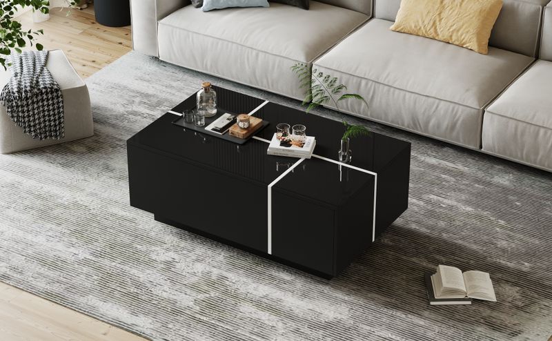 Table basse carrée noire moderne 100 x 60 x 40 cm, finition patchwork brillante, 4 tiroirs et plateau coulissant, supporte jusqu'à 30 kg._voghion.com
