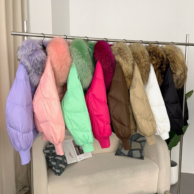 Women's Clothing Ready to stock detachable oversized raccoon fur collar winter women's short thickened white duck Warm jacket jacket flat coat coat_voghion.com