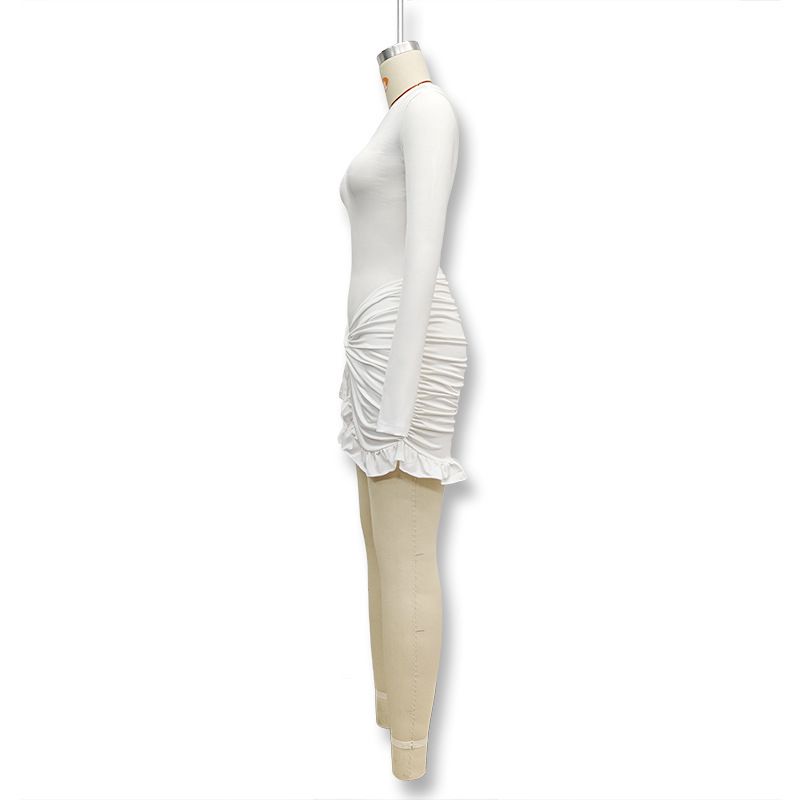 Vestito corto aderente da donna, estivo, casual, a tinta unita, con scollo rotondo, maniche lunghe e plissettate, a portafoglio._voghion.com