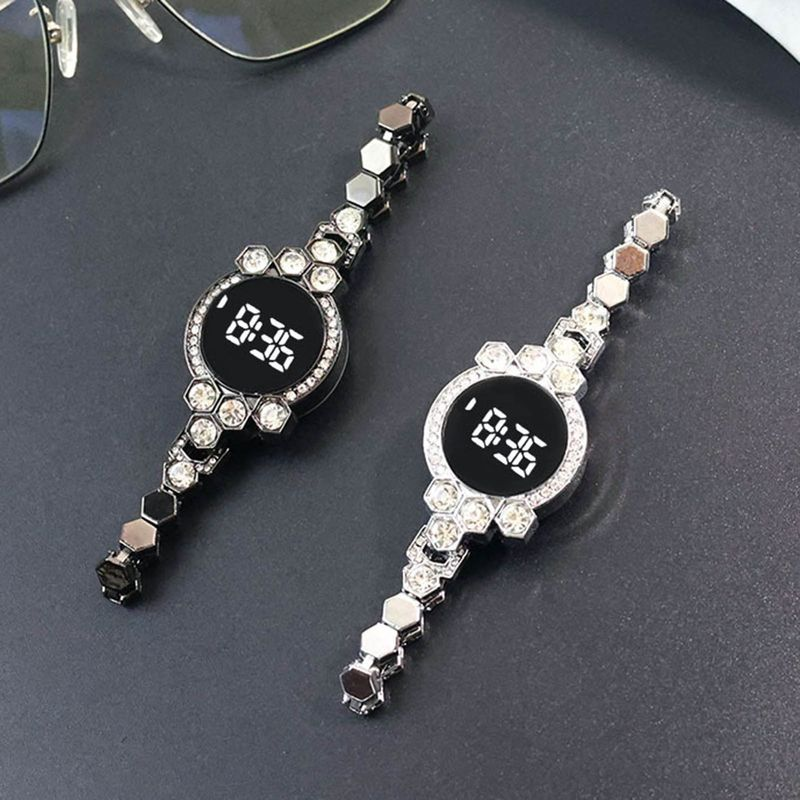 Shuosbai Electronic Round Dial Strap Date Time Display Shiny Rhinestone Inlay LED Digital Student Alloy Chain Wrist_voghion.com