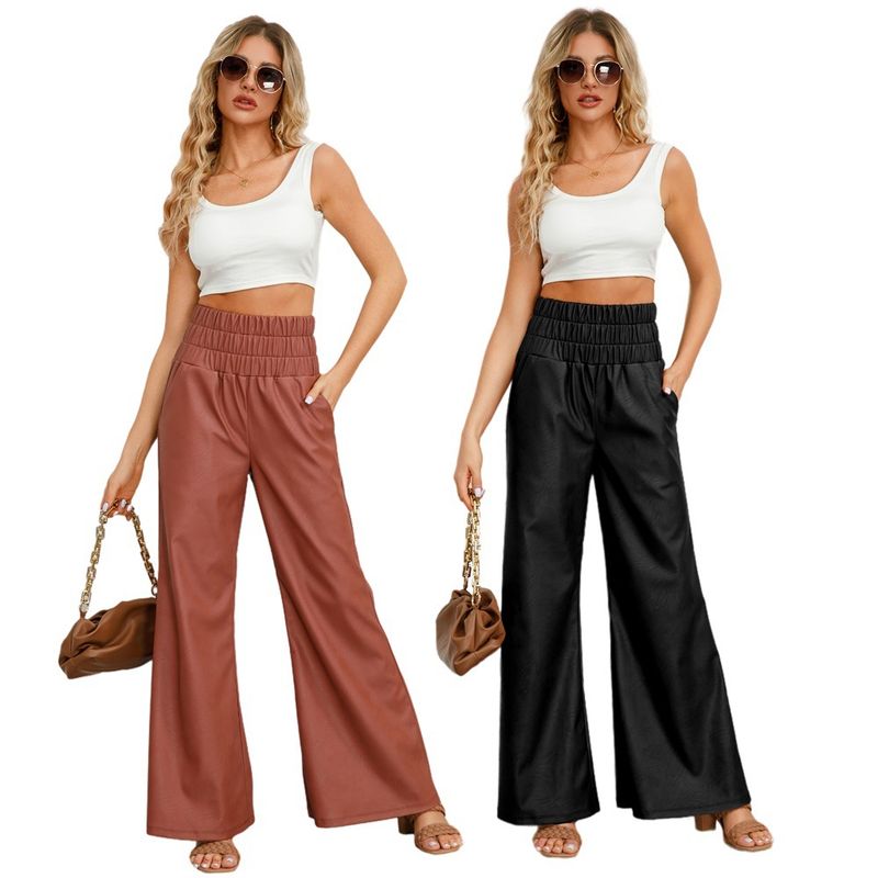 Pantaloni a zampa d'elefante da donna autunno inverno a gamba larga in pelle pu a vita alta da strada alla moda da donna_voghion.com
