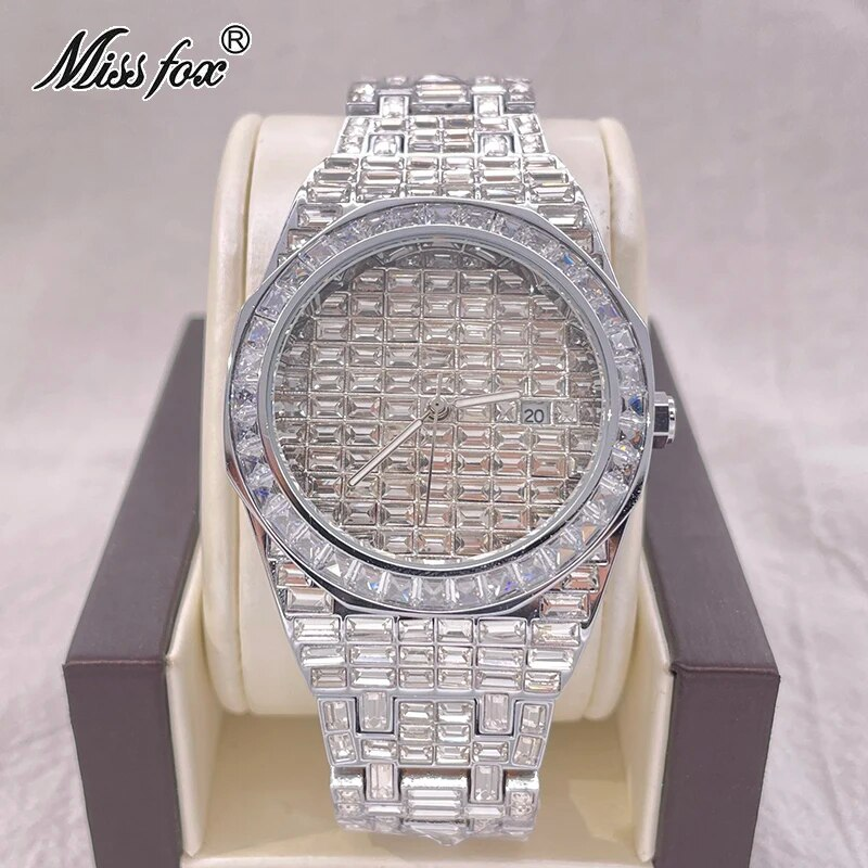 MISSFOX Iced Klockor Mode Herr Automatisk Date Vattentät Quartz Klockor Hip Hop Full Diamond Guld Armbandsur Rolej_voghion.com