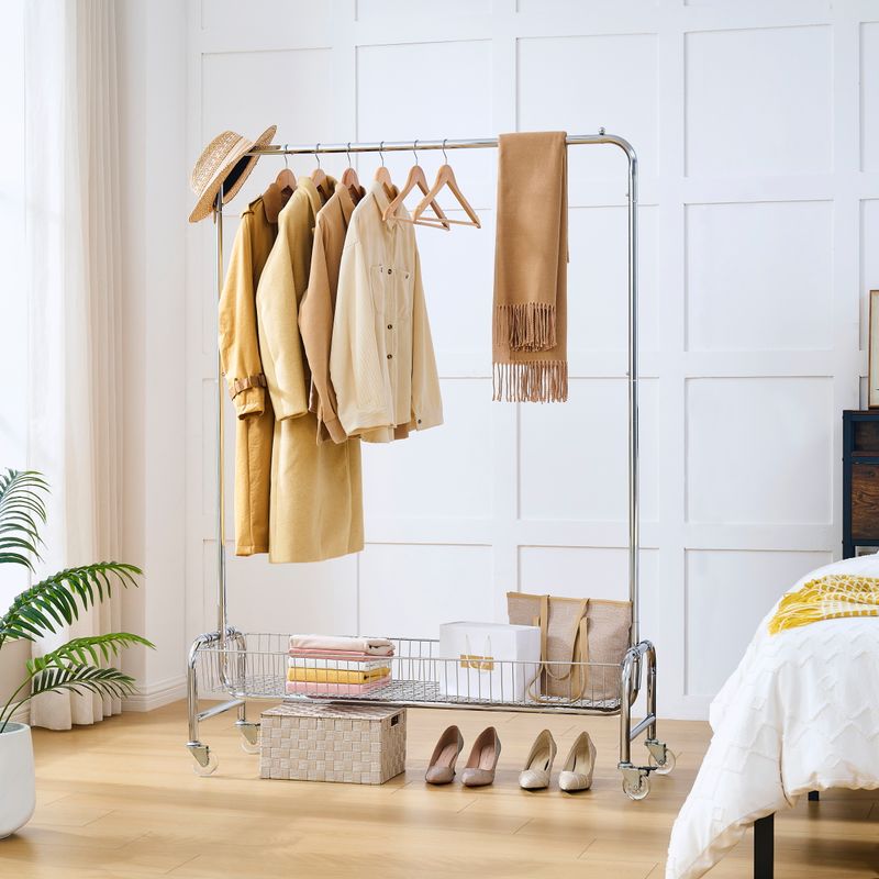 Garment Rack With Basket On Wheels Rolling Clothes Rack For Hanging Clothes Heavy Duty Garment Rack,2 Pcs In One Carton_voghion.com