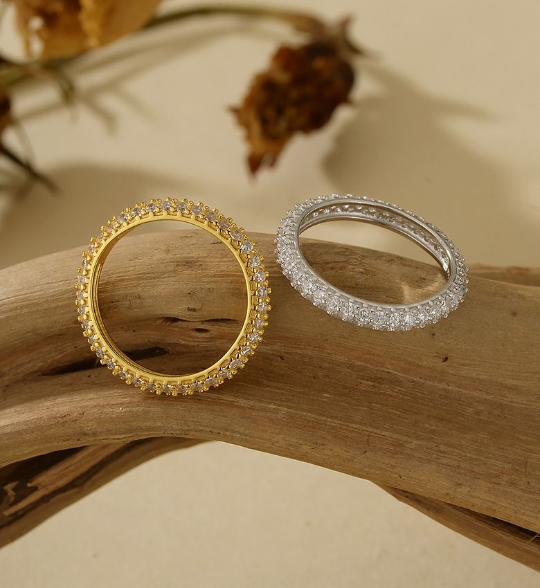 Women's Jewelry S925 Sterling Silver Double Row Full Diamond Ring, Geometric Design Stackable Band For Everyday Wear, Elegant And Stylish_voghion.com