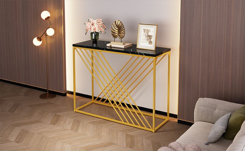 Console noire avec pieds dorés, 100 x 35 x 77 cm, table d'entrée en MDF brillant, table de couloir, buffet, table d'appoint, style vintage_voghion.com