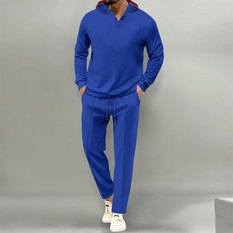 2024 Herbst Neue Herren Einfarbig Anzug Waffel Kapuze Ärmel Lange Hosen Set_voghion.com
