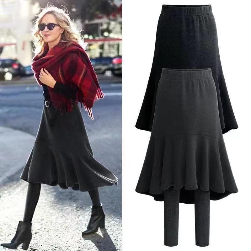 Vêtements pour femmes automne et hiver jupe queue de poisson leggings deux pièces jupe velours épaissi pantalon une pièce collants chauds_voghion.com