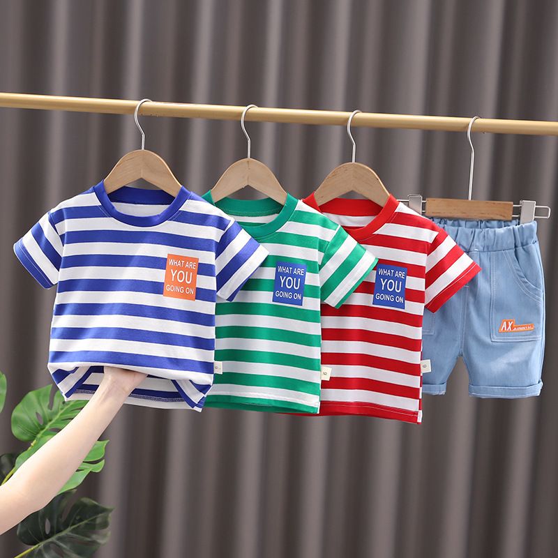 2024 Summer Trendy Korean Edition Boys and Girls Casual Cartoon Fashionable Striped Short Sleeve Shorts Set of Two_voghion.com