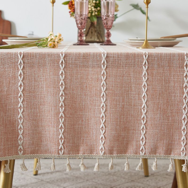 Nappe à pompons rustique marron - Housse de table rectangulaire en lin et coton mélangés de style ferme pour salle à manger/table basse_voghion.com