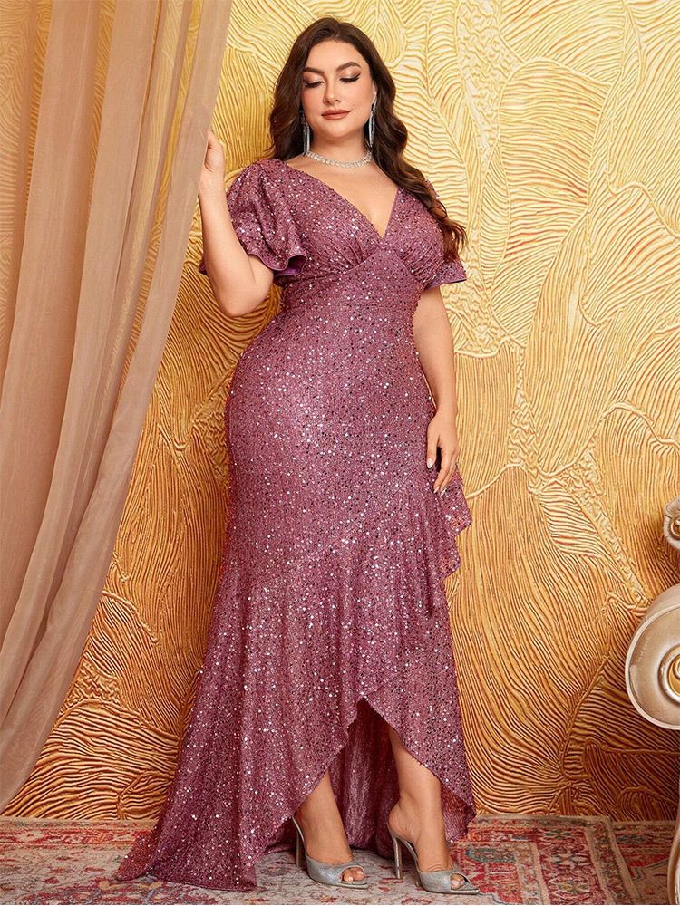 Damenbekleidung Elegantes Pailletten-Abendkleid – Glamouröses Meerjungfrauen-Partykleid mit V-Ausschnitt für Damen (Übergröße erhältlich)_voghion.com