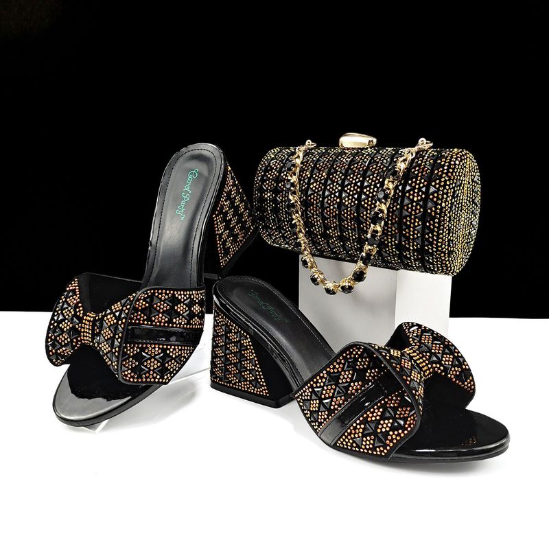 Set di scarpe e borse da donna Pantofole estive con tacco alto Decorazioni in strass color block Borsa cilindrica_voghion.com