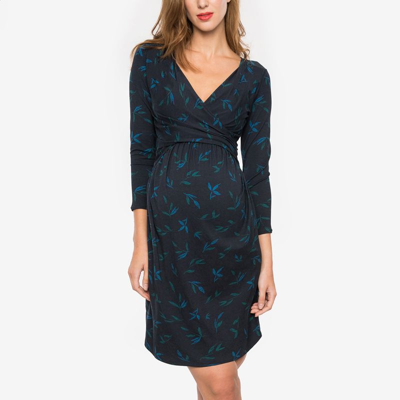 2024 Pregnant Women's Multi Color Printed Deep V-Neck 3/4 Sleeves Cross Breastfeeding Party Dress_voghion.com