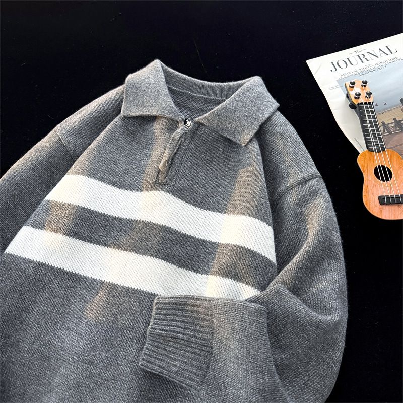 Maglione da uomo con zip a righe color-block – Pullover in maglia con collo polo per inverno e autunno (M-2XL, 60% poliestere, vestibilità ampia, abbigliamento casual da strada)_voghion.com
