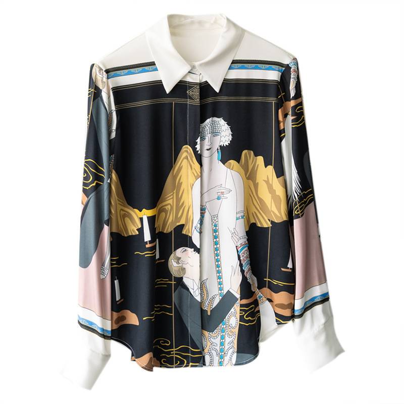Beautiful and elegant imitation silk portrait contrast printed shirt top_voghion.com