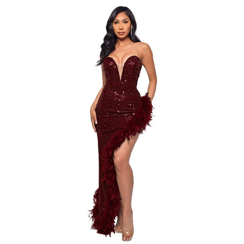 Dameskleding Elegante baljurk met pailletten, kant, mesh-decoratie, hoge split, feestavondjurk_voghion.com