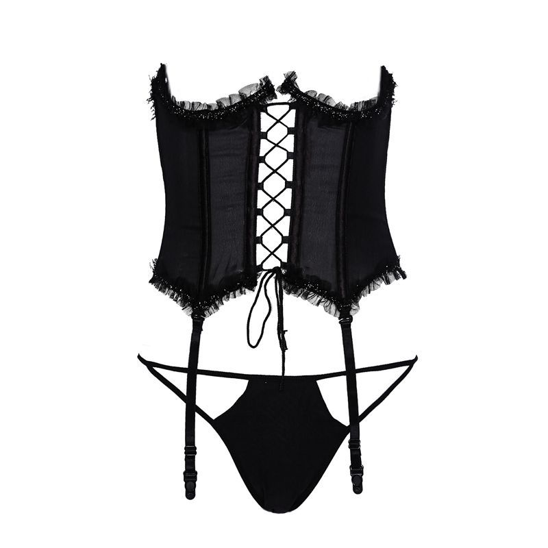 KOOSSOASIS Schwarzes Mesh-Stahlring-Strumpfhosen-Brustenthüllungs-Riemen-Korsett mit Taillenverriegelung und Stäbchen, Tanga-Anzug mit niedriger Taille für Frauen_voghion.com