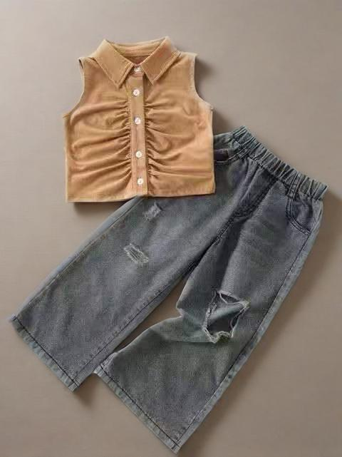 Kinderbekleidungsversion für Mädchen im Sommer, neues bedrucktes T-Shirt im Retro-Distressed-Loch-Denim, weite Hose, zweiteiliges Set im trendigen Stil_voghion.com