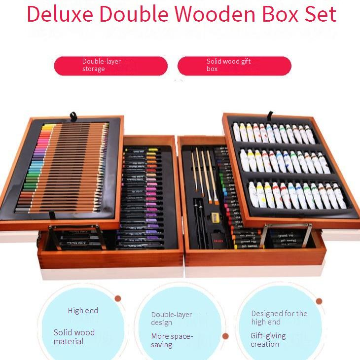 174-Piece Deluxe Wooden Art Set For Kids - Double-Layer Storage Box With Watercolor Markers, Painting & Drawing Supplies, Creative Doodle Toy Gift_voghion.com