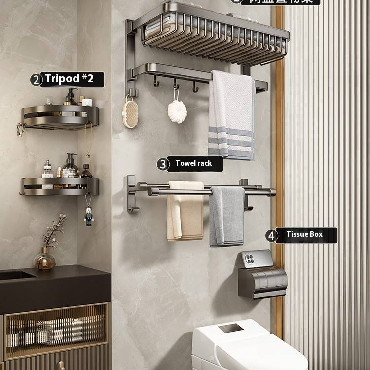 Badkamer handdoekrekset van gunmetal - ruimtebesparende opvouwbare plank met hoekmand en toiletborstelhouder - installatie zonder boren_voghion.com