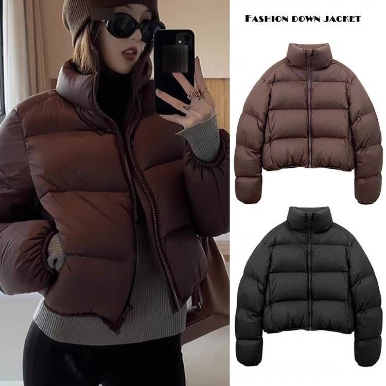 Women's Short Puffer Jacket Winter Warm Oversized Coat With High Collar, Lightweight & Water-Resistant, Casual Streetwear (Black, Coffee)_voghion.com