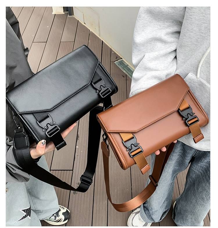 Borsa a tracolla unisex – Borsa per telefono minimalista con patta e chiusura a scatto | Borsa a tracolla in PU impermeabile per gli spostamenti quotidiani (nero/marrone chiaro)_voghion.com
