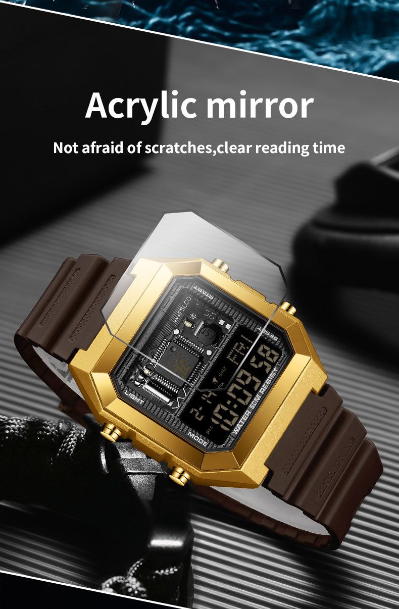 Digitaal wekkerhorloge met multifunctionele timer, stopwatch, LED-achtergrondverlichting, waterdicht tot 50 m, unisex vierkant sporthorloge voor studenten en professionals_voghion.com