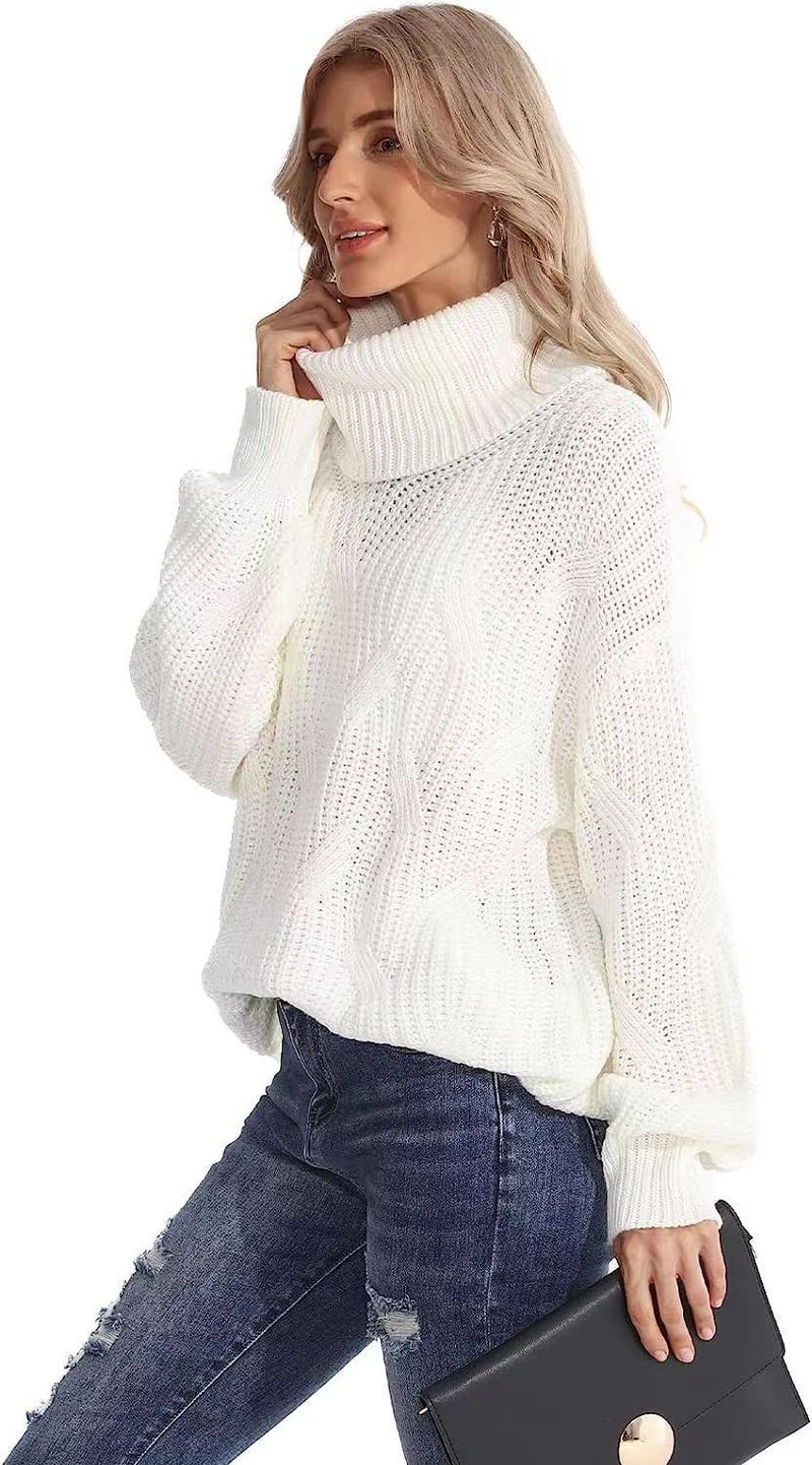 Women's Oversized High-Neck Cable Knit Sweater - Elegant Batwing Sleeve Pullover For Autumn & Winter, Soft & Breathable In 10 Versatile Colors_voghion.com
