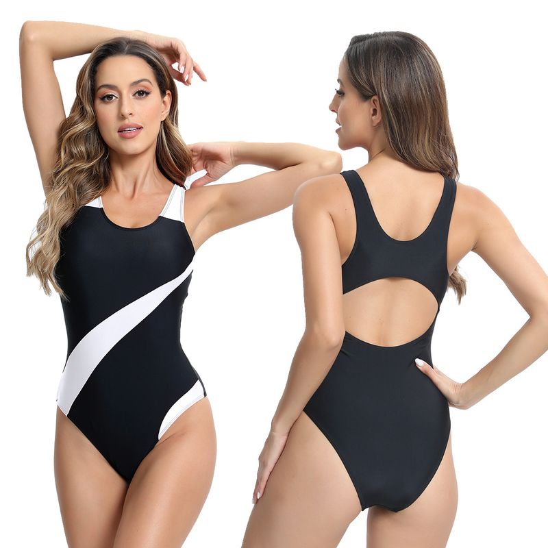 Swimsuit Diagonal Color Matching Fashion Sports One-piece Backless Beach Bikini_voghion.com