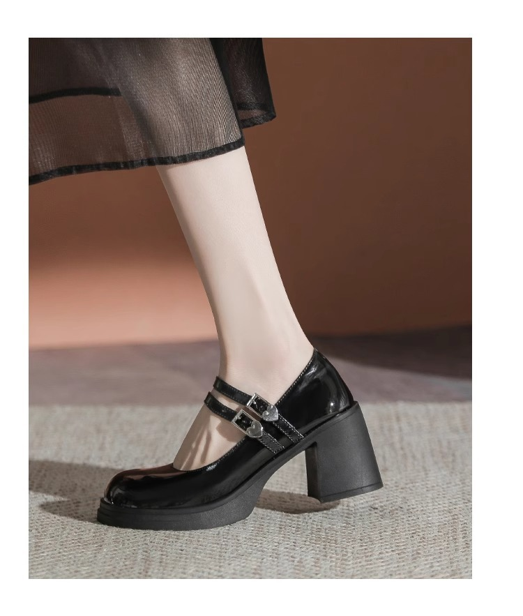 Autentiche Mary Jane nella primavera e nell'autunno 2024, nuove scarpe francesi piccole in pelle con punta tonda, tacco medio alto, tacco spesso_voghion.com