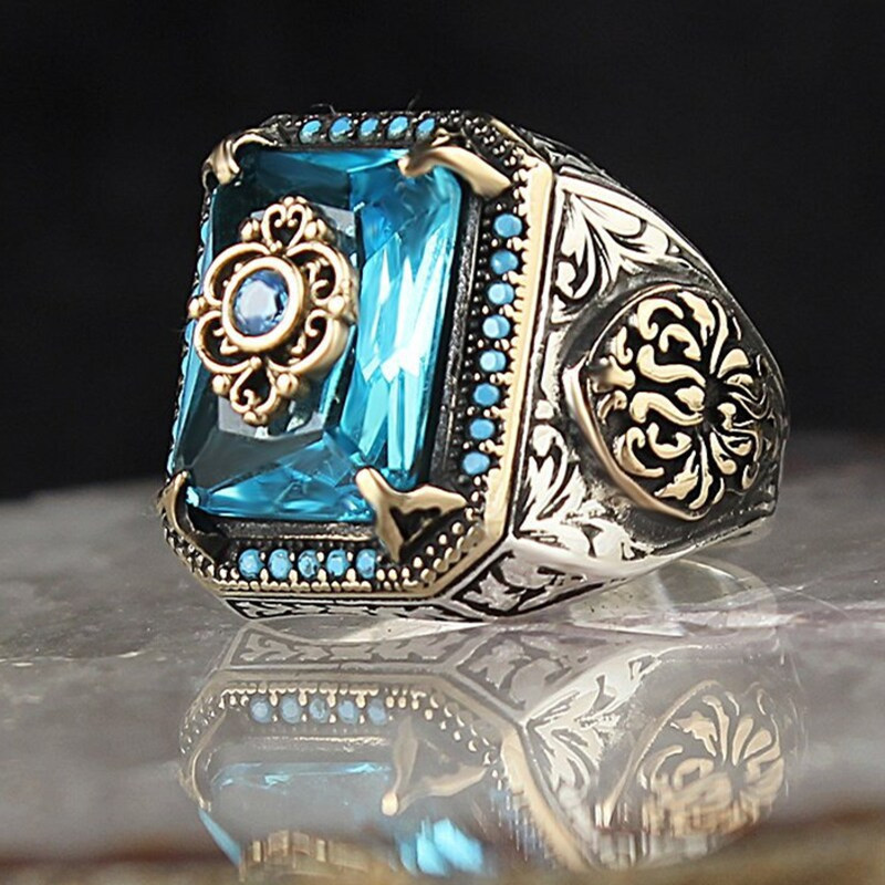 Anello con sigillo turco vintage alla moda per uomo e donna, in argento antico, con aquila intagliata, zircone verde intarsiato, anelli punk da locomotiva_voghion.com