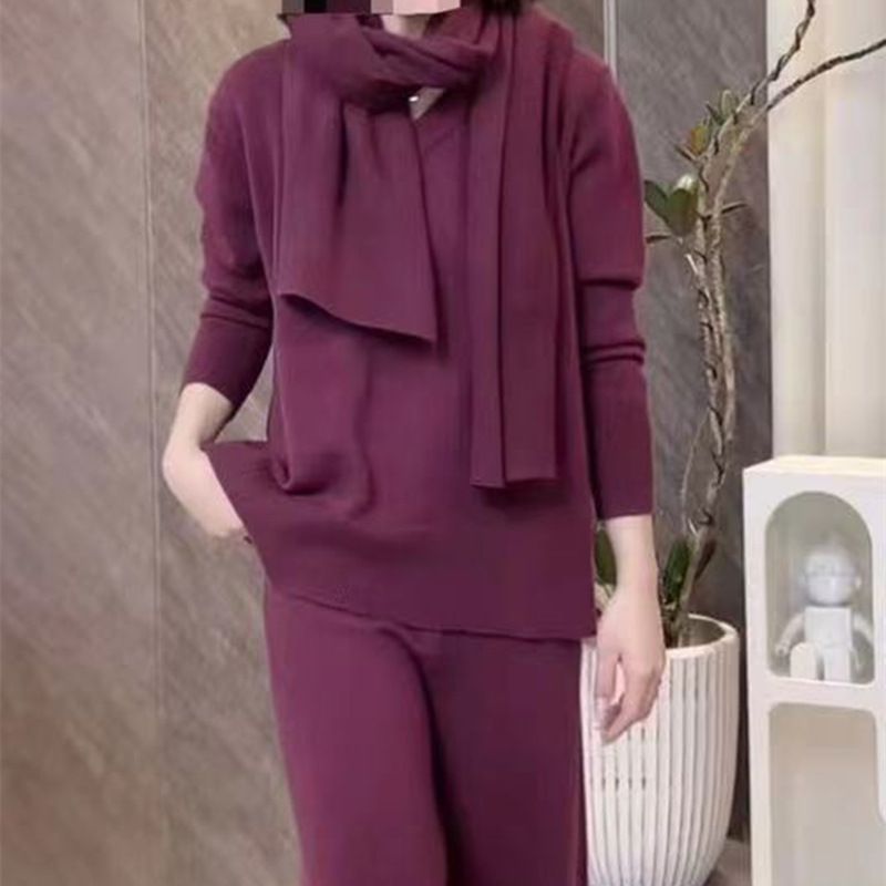 Lazy style loose fit slimming knit sweater wide leg 2024 autumn/winter new scarf top pants three piece set_voghion.com