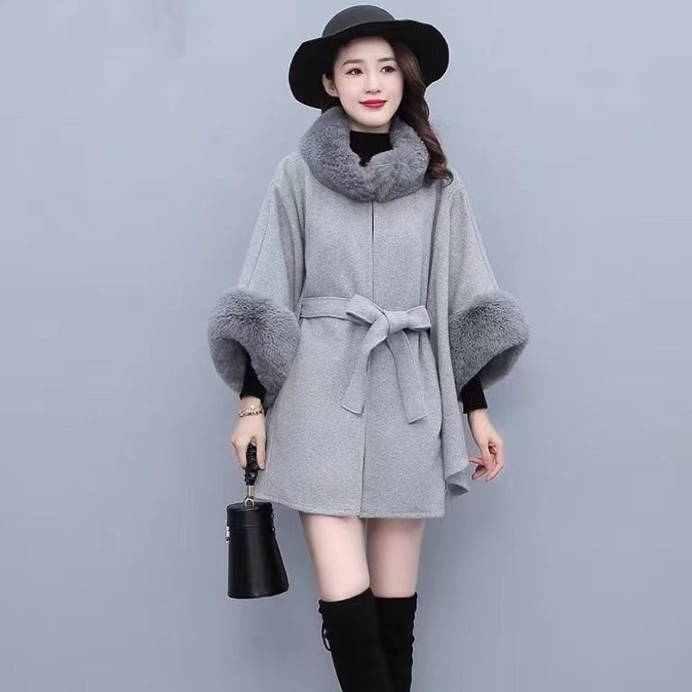 Wollkragen, gestrickter Schalumhang, Wollmantel mit Schnürung, große Strickjacke für Damen_voghion.com