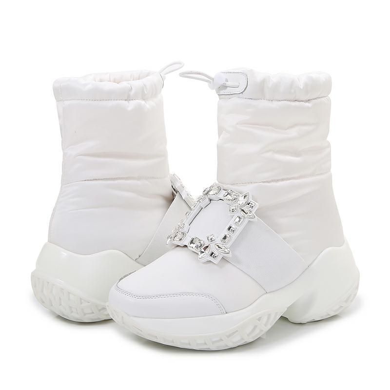 Modische Schneestiefel für Damen mit Strassschnalle – Winterstiefel zum Hineinschlüpfen mit Kunstfellfutter, rutschfester Sohle, bequemer runder Zehenpartie_voghion.com