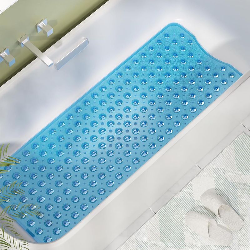 Rutschfeste Badewannen- und Duschmatte – weiche Badezimmer-Bodenmatte mit Abflusslöchern und Saugnäpfen (Anti-Schimmel, schnelltrocknend, 81,3 x 40,6 cm, Grau/Weiß)_voghion.com