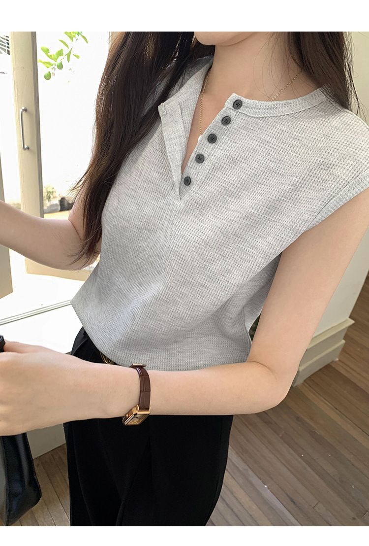 Amerikkalainen hihaton urheilullinen pyöreä kaula-aukkoinen napitettava löysä vohveliliivi naisten kesätoppi 67502_voghion.com