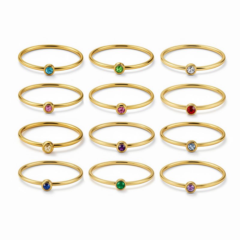 Stainless Steel Twelve Birthstone Ring For Women, Simple Round Cup, Niche Inlaid Diamond Ring, Zircon Jewelry_voghion.com