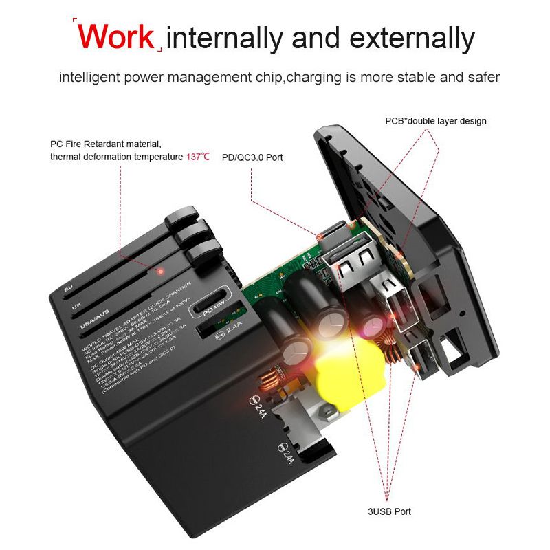 45W PD Universele Reisadapter met type-c PD45W QC3 4 wandlader voor Macbook Pro Ipad Pro2018 tablet pc laptoplader usb c_voghion.com