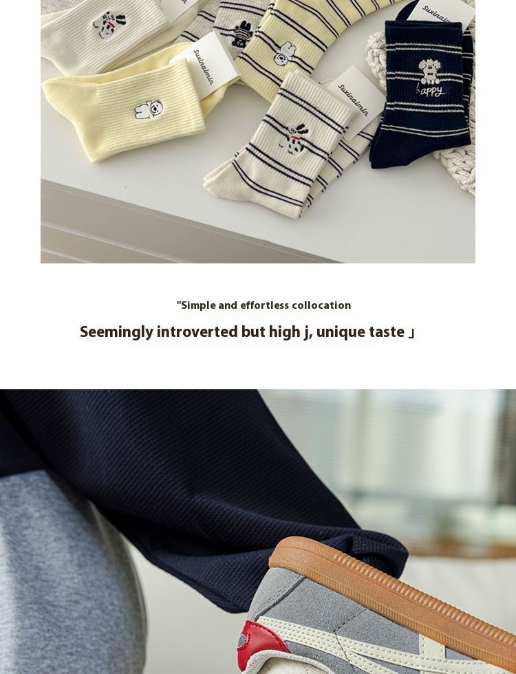 Jesienne słodkie pieski haftowane trendy uzdrawiające paski czysta bawełna oddychające skarpetki do połowy łydki Ins skarpetki z włosia casualowego_voghion.com