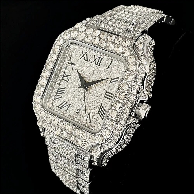 2023 Nieuwe Iced Horloge Herenmode Merk MISSFOX Automatische Datum Roestvrijstalen Klok Hip Hop Diamant Vierkant Goud_voghion.com