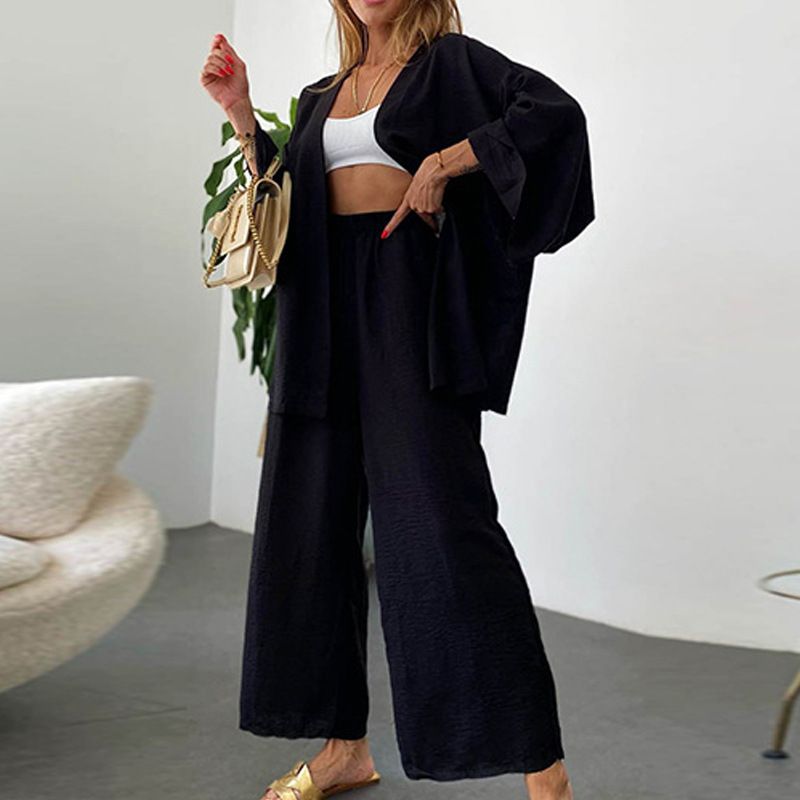 Abbigliamento da donna Nuovo completo in cotone e lino Cardigan a maniche lunghe Top tascabile Pantaloni a gamba larga Set due pezzi_voghion.com