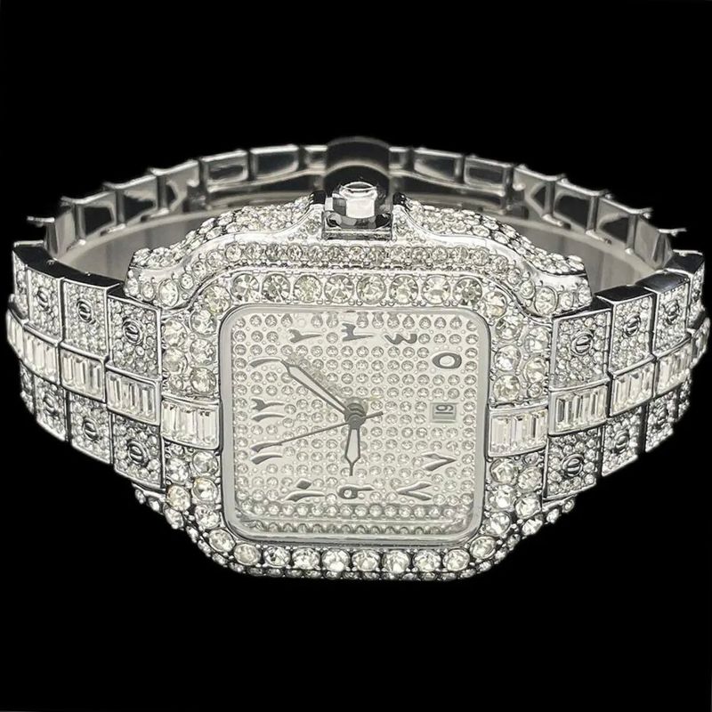 Men's Hip Hop Square Dial Quartz Watch With Full Diamond Accents And Arabic Numerals, 30M Water Resistant, Stainless Steel Case_voghion.com
