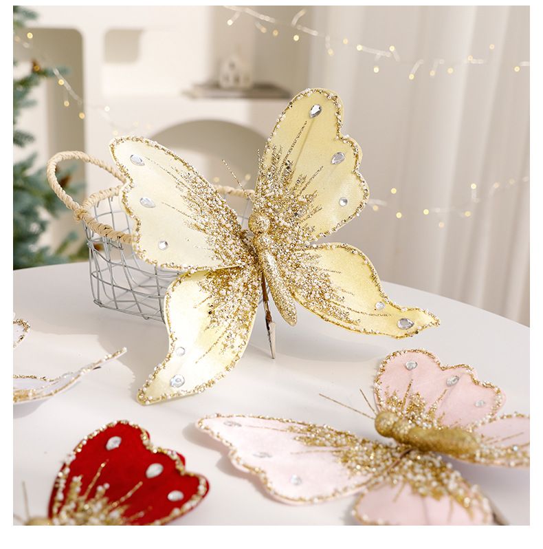 Elegant European-Style Plastic Butterfly Ornaments - Glittering Christmas Tree Decor In Gold, White, Red & Pink (20cm)_voghion.com