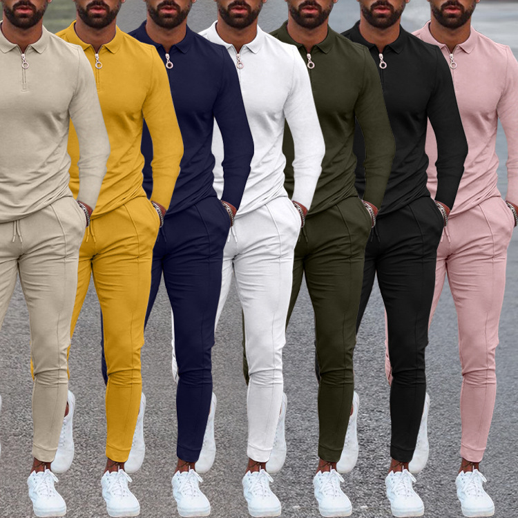 Chándal para hombre, ropa deportiva de primavera y otoño, conjunto de 2 piezas, camiseta polo de manga larga y pantalones, chándal sólido, trajes deportivos para hombre_voghion.com