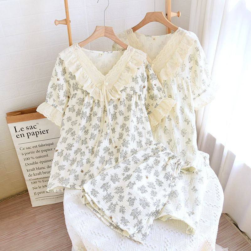 Ensemble de pyjama minimaliste en coton - Style coréen à manches courtes avec broderies, vêtements de nuit respirants pour femmes_voghion.com