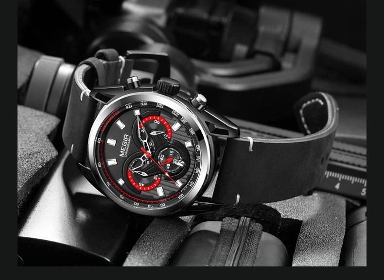 Orologio cronografo da uomo autentico con triplo quadrante, lancette luminose, datario e resistenza all'acqua fino a 30 m - Cinturino in pelle di alta qualità_voghion.com